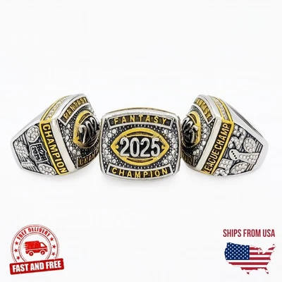 JR FANTASY 2025 Fantasy Football Champion Ring Trophy – FFL Winner Award with Display Case