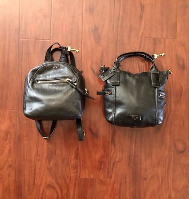 Fossil Pebbled Black Leather 1954 Emerson Hand Bag + Megan Backpack Pair