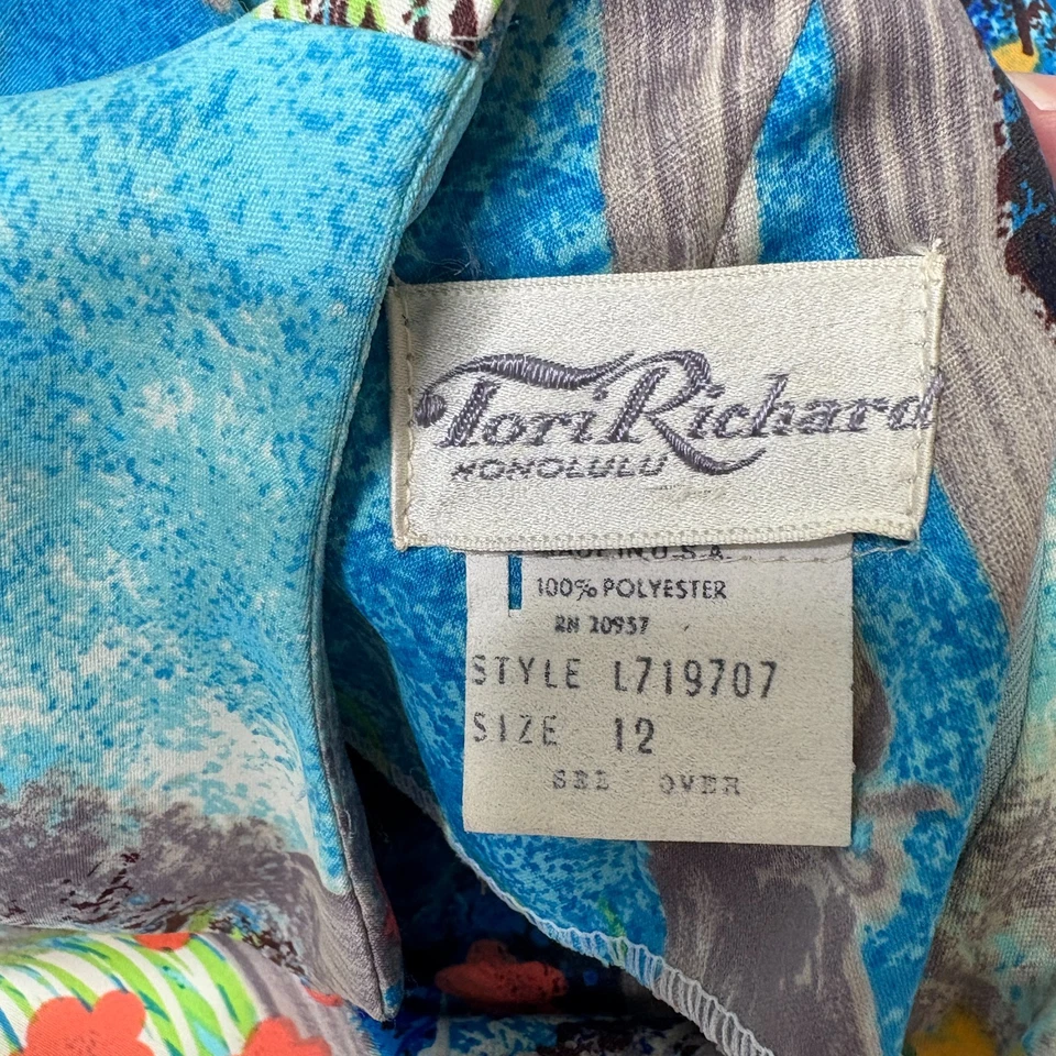 Tori Richard Honolulu Kaftan MuuMuu Dress Vtg Size 12 Maxi Colorful Bamboo Blue - Image 4 of 4