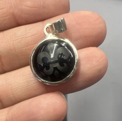 FLEUR DE LIS ONYX 925 STERLING SILVER GOTHIC BIKER ROCKABILLY PENDANT