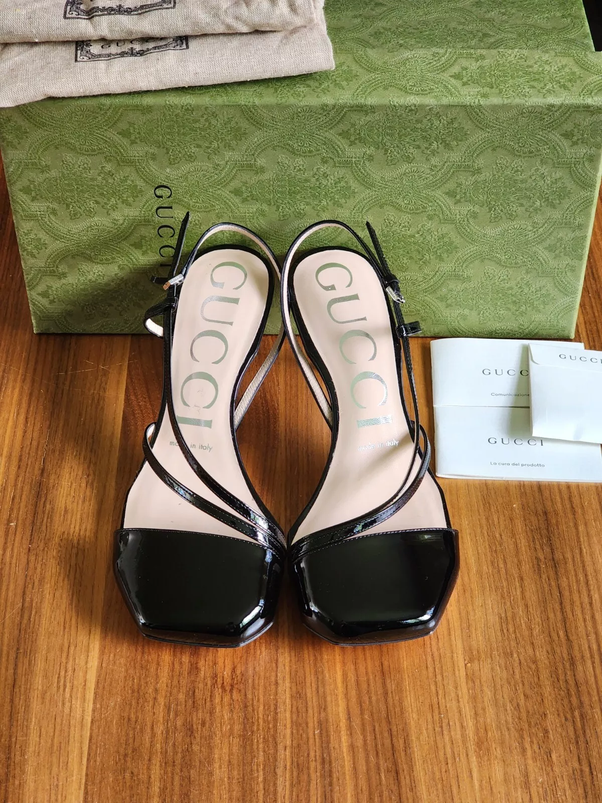 Sandales femme Gucci Vitello Vernice talons cuir noir 7 37 neuves dans leur boîte