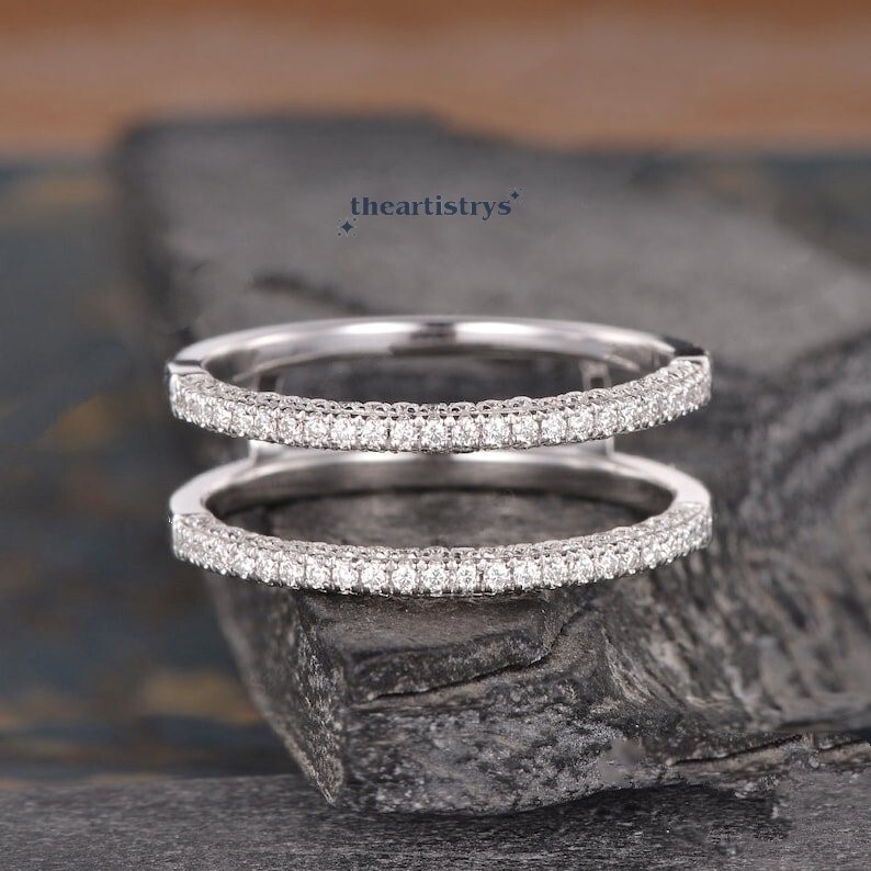 Moissanite Enhancer Guard Wedding Band 0.80 Carat Round Cut Solid 14K White Gold