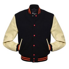 Top Quality Varsity Letterman Black Wool Jacket with Cream Leather Sleeve XS-4XL