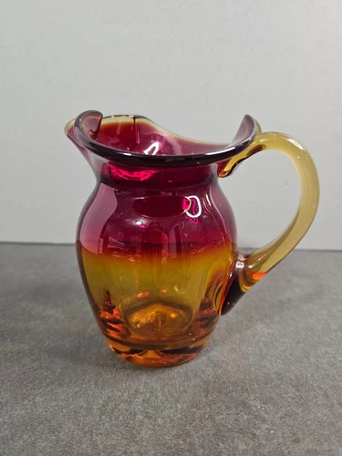 Blenko 1970's Amberina Glass Squat Jug / Pitcher Tangerine Orange 5" T