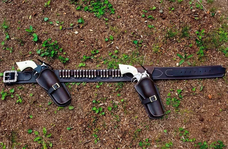 22/44/.45CAL CUIR WESTERN Tooled Rh/Lh Gun Holster Sass Drop Loop Rig