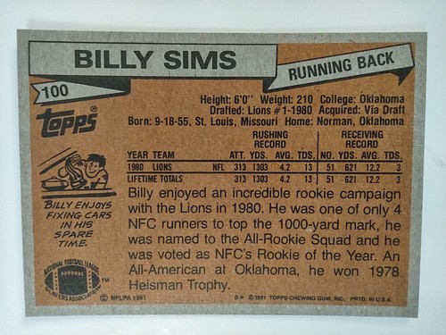 1981 Topps #100 Billy Sims novato RC Detroit Lions Bubble - Imagen 2 de 8