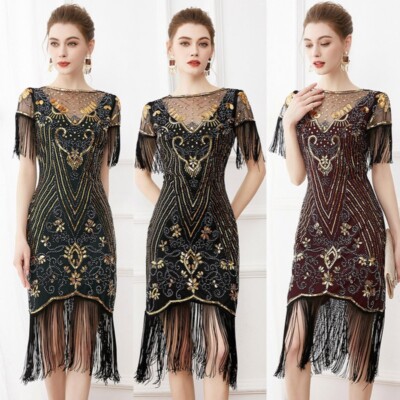 Women Patchwork Midi Dress Mesh Sequin Beaded Tassel Embroidery Short Sleeve