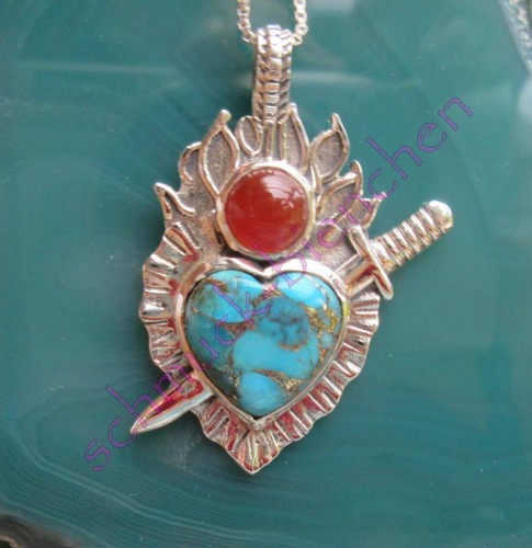 KX Cuore Di Spada Trapassato Turchese Blu Carneolo Ciondolo Argento Sterling 925 - Foto 2 di 6