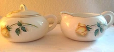 Vintage Yellow Rose Round Sugar Bowl with Lid and Creamer