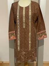 Ladies brown Embroidered kurta Pakistani Indian Kurti Shirt frock style cotton