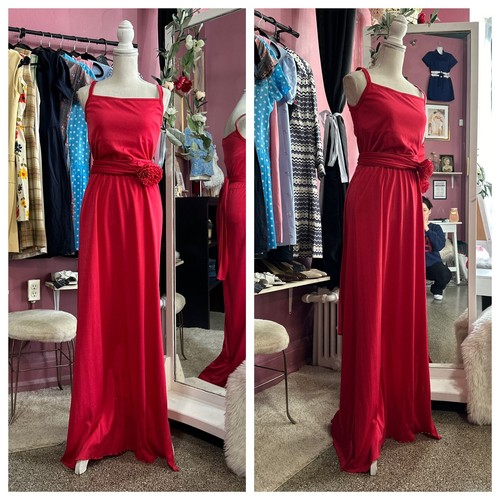Vintage 70s Red Maxi Dress Disco Prom Party Choker Evening Gown Vday S/M