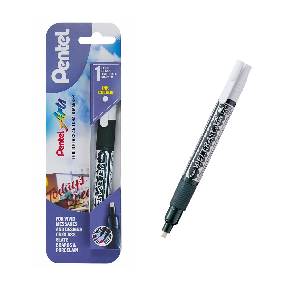 Pentel Chalk Marker Pen, Wet Erase, Chisel or Bullet Tip White ink SMW26 (1 Pen)