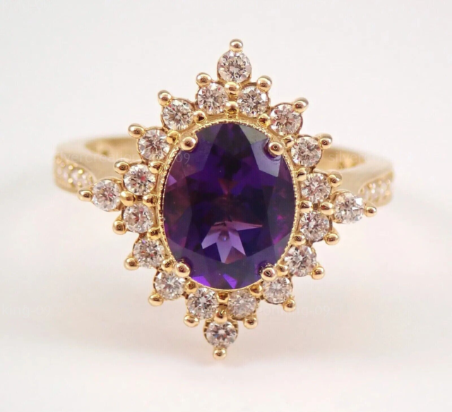 2 Ct Oval Cut Simulated Purple Amethyst/Diamond Halo Ring 925 Silver Gold Plated