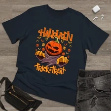 Trick & Treat Funny Pumpkin Halloween T-Shirt, Bat Horror tee Novelty Unisex Top