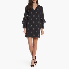 KOBI HALPERIN Ayana Ruffle Sleeve Black Floral Dress Cape Shift Dress Medium