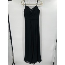 Azazie Black Chiffon Lace Trim Pleated Surplice Maxi Formal Gown Dress A8