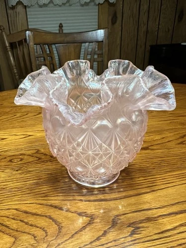 Fenton Art Glass Iridescent Dusty Rose Pink Ruffled Bowl Vase Diamond Point
