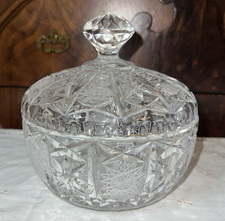 Vintage 6" Heavy Crystal Cut Glass Covered Candy Dish Bowl Beautiful Star Shapes