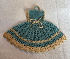 Vintage Crochet Pot Holder/Trivet Doll Dress -Handmade Blue w/Beige Trim