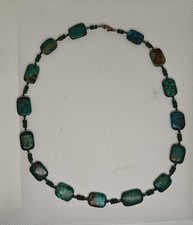Turquoise Gemstone Beaded Necklace Rectangular Green Blue Stones Boho Jewelry