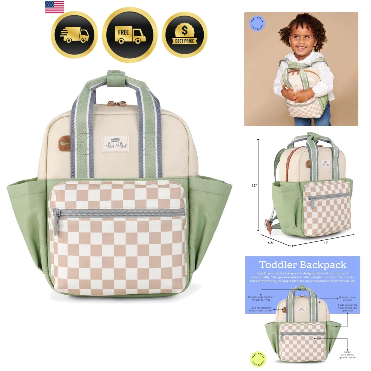 Itzy Ritzy Toddler Backpack - Daycare Bag - Features Adjustable Shoulder Stra...