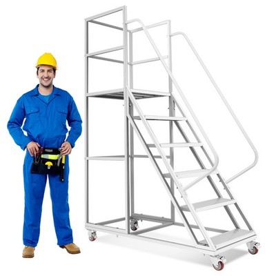 6 Steps Rolling Ladder, Mobile Platform Ladders  Warehouse Non-Slip Stair Ladder