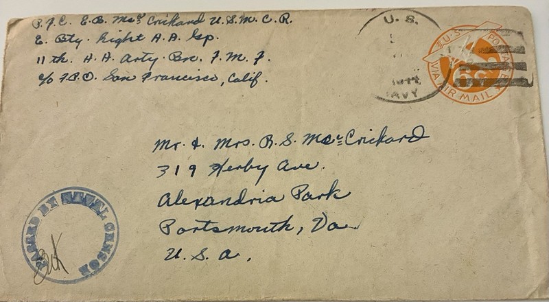 WWII USMC Naval Censor Cover 1940s 11th HeavyAAABn Marine Corps Air Mail Envelop