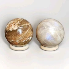 Lot Of 2 Polished Amber Calcite & Blue Moonstone Spheres - USA