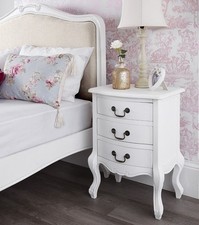 Juliette White Bedside Table. 3 drawer. French bedside cabinet with carving.