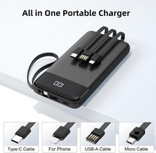 10000mAh Portable Charger Built-in Cables USB-C Power Bank LED Display Black