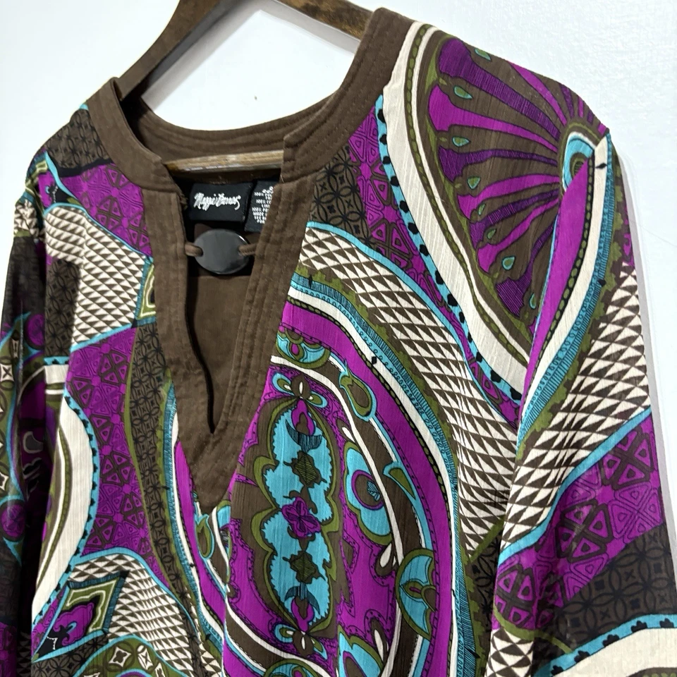 Maggie Barnes Blouse Womens 2X Purple Brown Geometric Artsy Sheer Flare Sleeves - Image 2 of 4