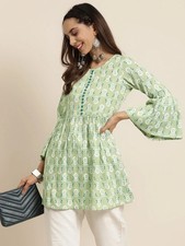 Indian Women Green  Off-White Cotton Printed A-Line Kurta Kurti Top Tunic Dress