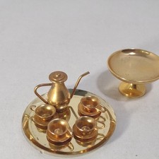 Vintage Miniature Doll House Tea Coffee Set Gold Color Pot Cups Tray cake plate