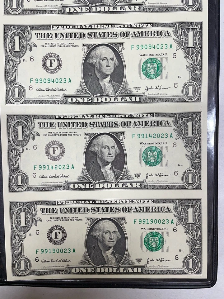 2003 $1 Federal Reserve Notes Uncut Sheet of 4 With Nice Holder And Certificate - Image 3 of 4