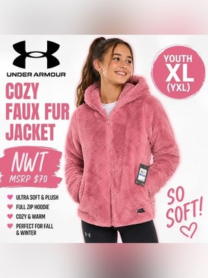 NWT Under Armour Girls YXL Pink Cozy Faux Fur Hooded Zip Jacket Soft Plush
