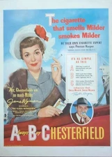 1950 vintage Chesterfield cigarette print ad, featuring Jane wyman
