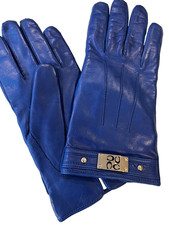 Silver Plaque Logo Coach Women's Leather Cashmere Lined Gloves Royal Blue Size 8