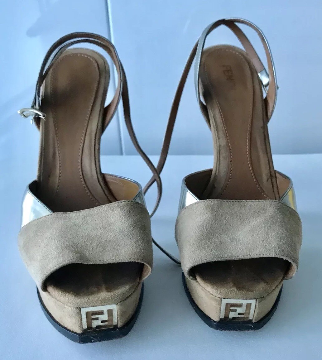 Fendi Two Tone Suede & Gunmetal Metallic FF Logo Heel Sandal