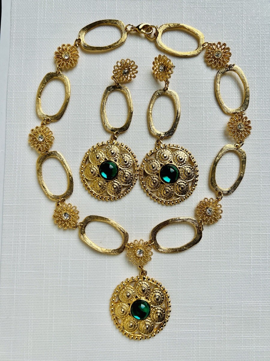 Vintage 80s Gold Plated Necklace Earrings Set Green Gem Crystal Bollywood  Style