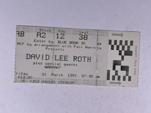 David Lee Roth Konzertkarte Original Wembley Stadion London 1. März 1991