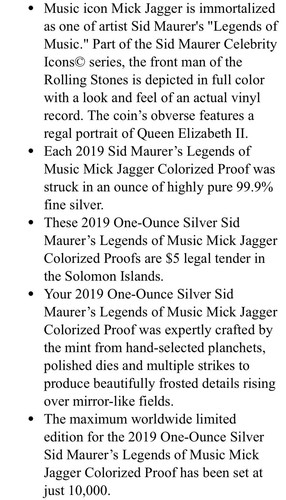 2019 MICK JAGGER LEGENDS OF MUSIC 1oz .999 SILVER NGC MS69 UC MINTAGE 10,000 - Picture 3 of 3