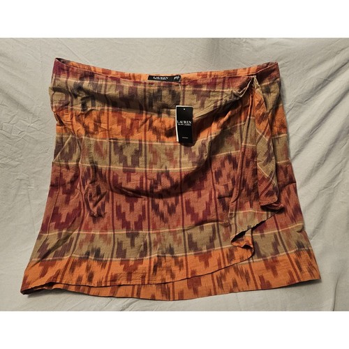 Lauren Ralph Lauren Geo Motif Sash Cotton Linen Wrap Skirt Berry Multi 20W NWT