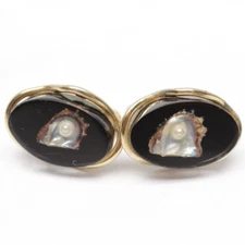 VTG Swank Mens Cufflinks Cultured Pearl Oyster Shell Goldtone Black Lucite 