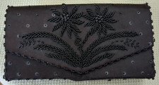 Beaded Clutch Handbag Black with Satin Lining Made in British Hong Kong 1940s