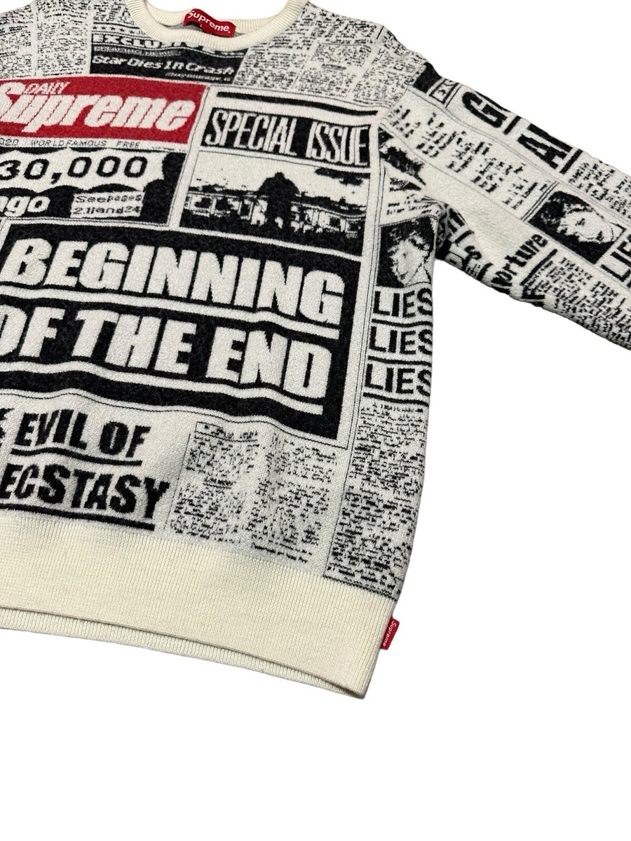 【M】Supreme Newsprint Sweater 白 セーター 18FW M】Supreme Newsprint Sweater 白 セーター 18FW