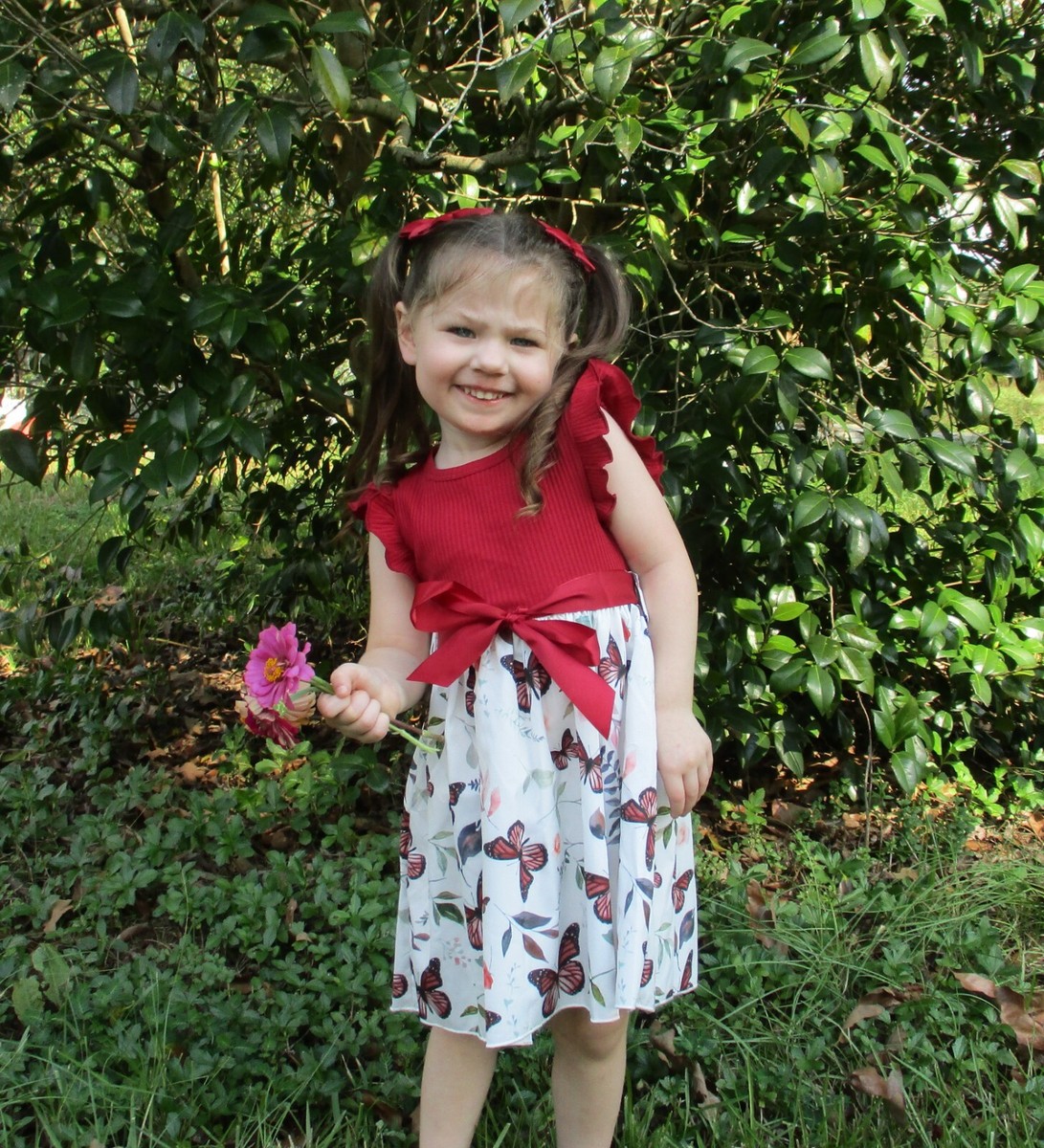 Girls Burgundy Dress Butterflies skirt one piece dress ribbon sash - Main Image