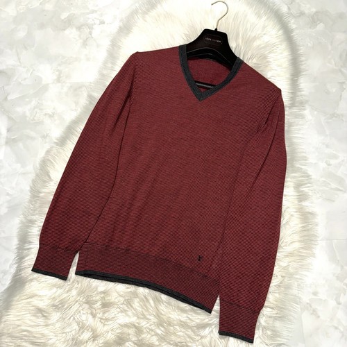 Authentic Louis Vuitton LV embroidery V-neck Striped knit sweater M Red Gray - Picture 5 of 9