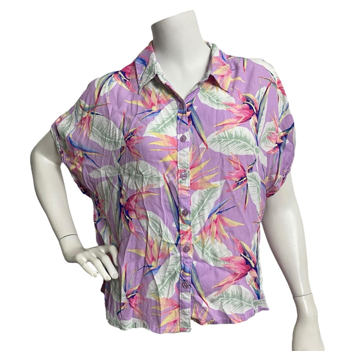 Forever 21 Women's Purple Floral Cropped Blouse Button Down Size 0X