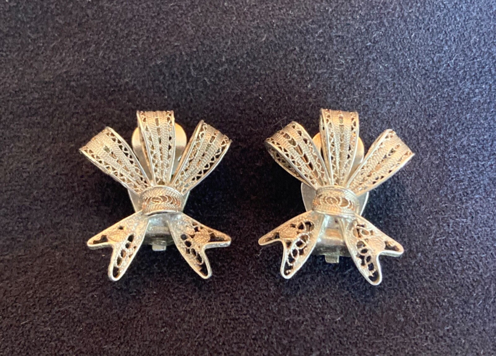 Antique 800 Silver Cannetille Filigree Bow Clip on Earrings