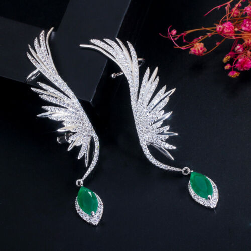 Silver Plated Zircon Long Feather Wing Drop Ear Cuff Earrings for Women Wedding - Picture 1 of 11